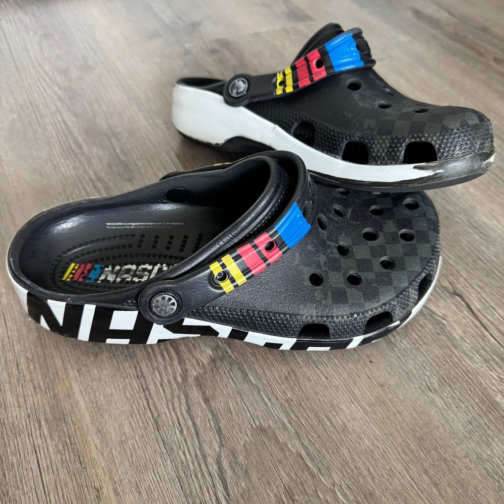 Crocs NASCAR Classic Clogs Black White Checkered Racing Shoes Men 6 Women 8